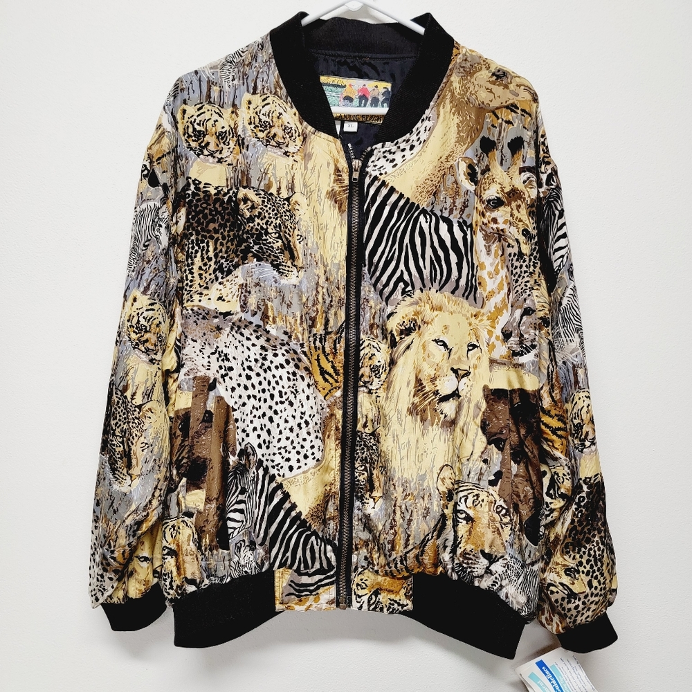 Vtg New ATLANTIC BEACH 100% Silk Lightweight Safari Animal Bomber Jacket Sz XL.